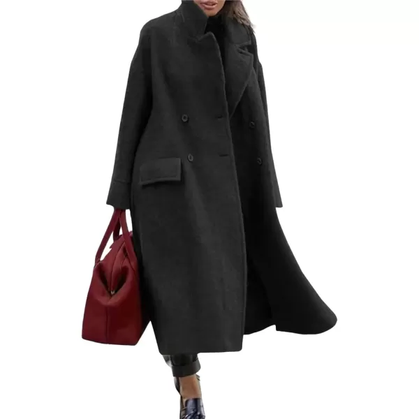 imagechouyatou Womens Winter Double Breasted Wool Blend Pea Coat Loose Fit Business Casual Wool CoatBlack