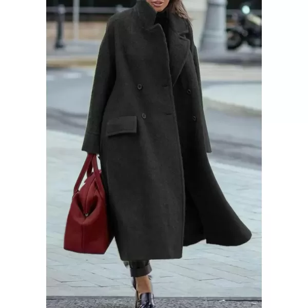 imagechouyatou Womens Winter Double Breasted Wool Blend Pea Coat Loose Fit Business Casual Wool CoatBlack