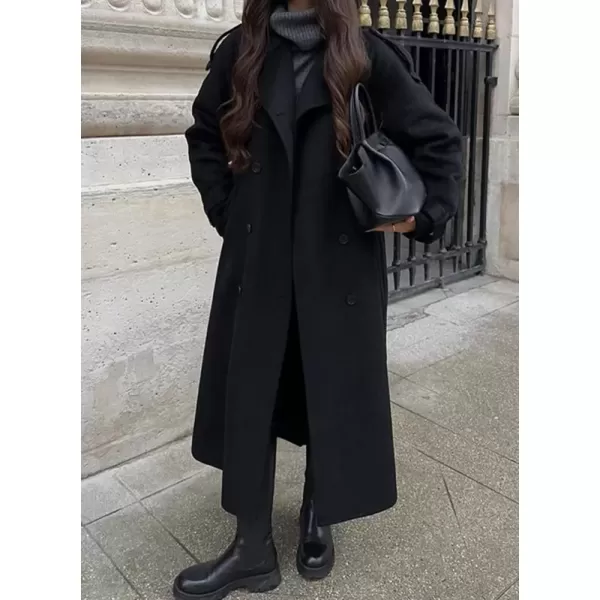 imagechouyatou Womens Winter Double Breasted Wool Coat Long Sleeve Notch Lapel Midi Long Winter Trench Coat with BeltBlack