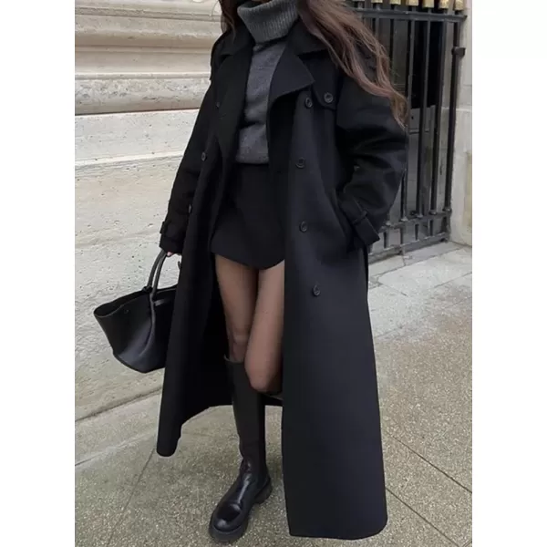 imagechouyatou Womens Winter Double Breasted Wool Coat Long Sleeve Notch Lapel Midi Long Winter Trench Coat with BeltBlack