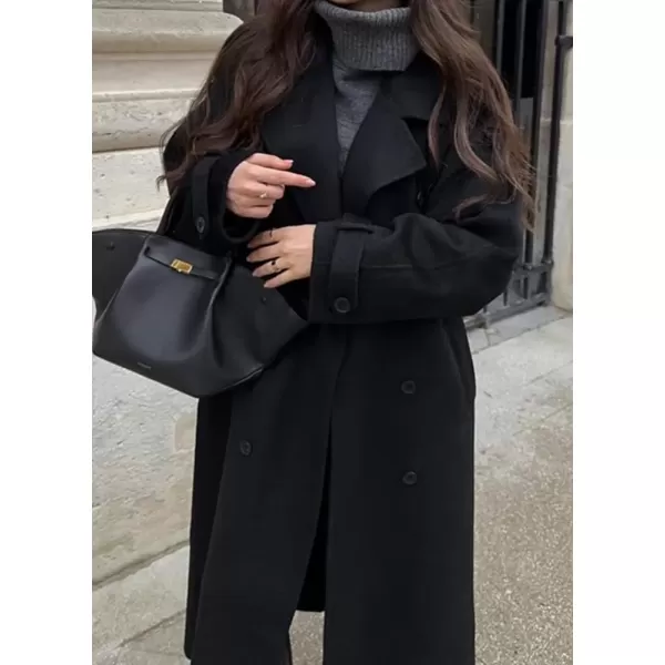 imagechouyatou Womens Winter Double Breasted Wool Coat Long Sleeve Notch Lapel Midi Long Winter Trench Coat with BeltBlack