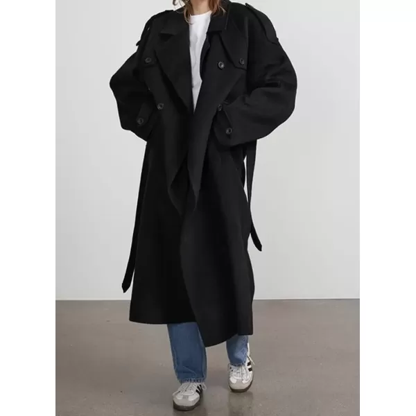imagechouyatou Womens Winter Double Breasted Wool Coat Long Sleeve Notch Lapel Midi Long Winter Trench Coat with BeltBlack