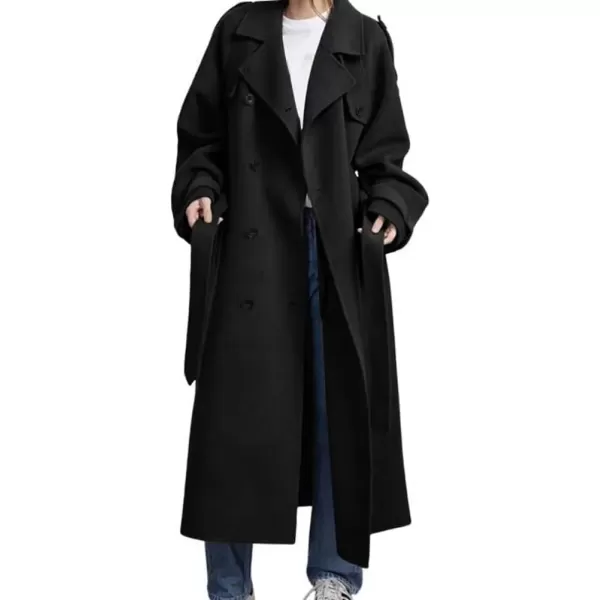 imagechouyatou Womens Winter Double Breasted Wool Coat Long Sleeve Notch Lapel Midi Long Winter Trench Coat with BeltBlack