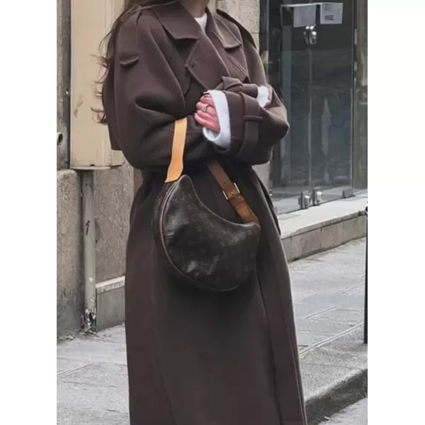 imagechouyatou Womens Winter Double Breasted Wool Coat Long Sleeve Notch Lapel Midi Long Winter Trench Coat with BeltBrown