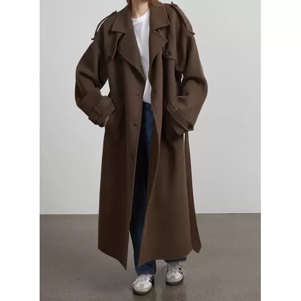 imagechouyatou Womens Winter Double Breasted Wool Coat Long Sleeve Notch Lapel Midi Long Winter Trench Coat with BeltBrown