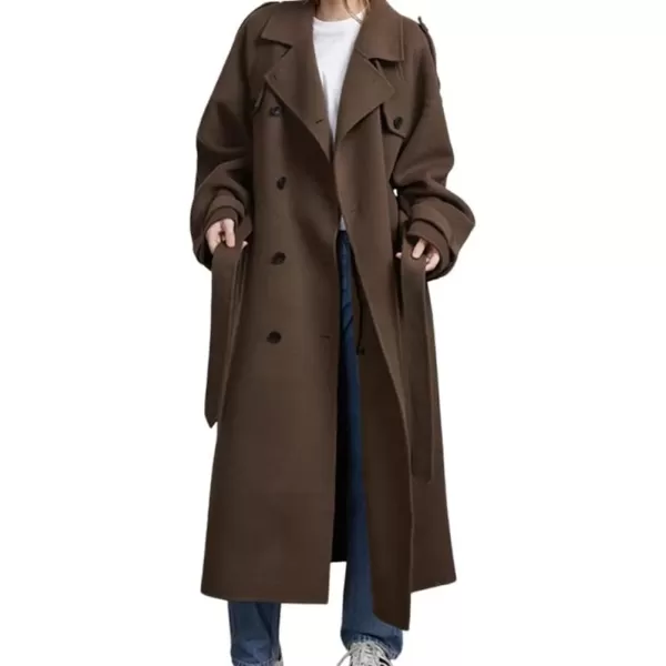 imagechouyatou Womens Winter Double Breasted Wool Coat Long Sleeve Notch Lapel Midi Long Winter Trench Coat with BeltBrown