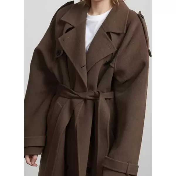 imagechouyatou Womens Winter Double Breasted Wool Coat Long Sleeve Notch Lapel Midi Long Winter Trench Coat with BeltBrown
