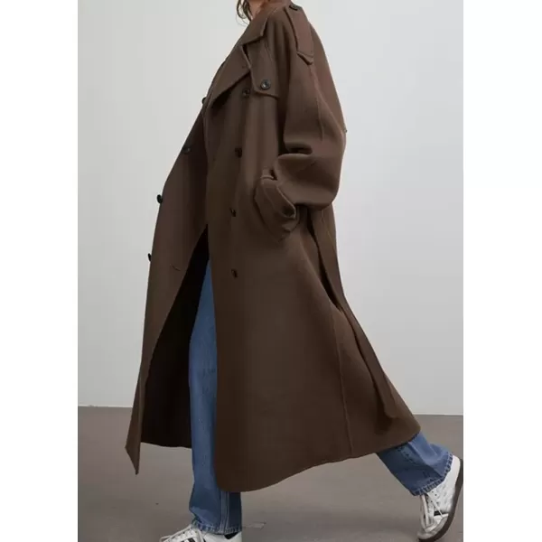 imagechouyatou Womens Winter Double Breasted Wool Coat Long Sleeve Notch Lapel Midi Long Winter Trench Coat with BeltBrown