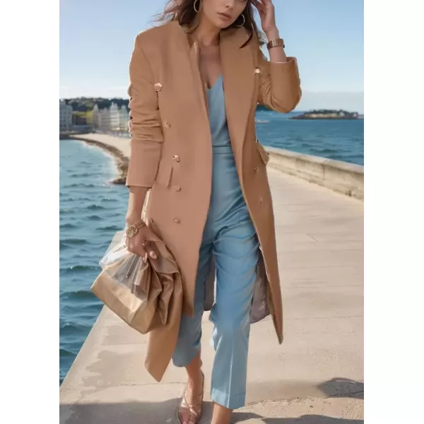 imagechouyatou Womens Winter Notch Lapel Double Breasted Wool Coat Business Casual Midi Long Wool Trench CoatKhaki