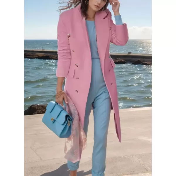imagechouyatou Womens Winter Notch Lapel Double Breasted Wool Coat Business Casual Midi Long Wool Trench CoatPink