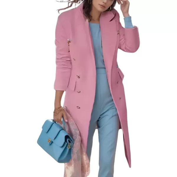 imagechouyatou Womens Winter Notch Lapel Double Breasted Wool Coat Business Casual Midi Long Wool Trench CoatPink