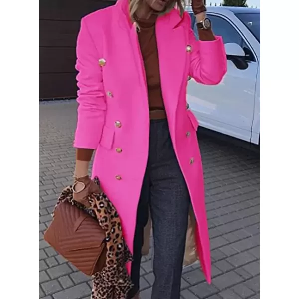 imagechouyatou Womens Winter Notch Lapel Double Breasted Wool Coat Business Casual Midi Long Wool Trench CoatRose Red