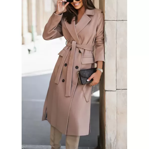 imagechouyatou Womens Winter Notch Lapel Wool Coat Double Breasted Business Casual Midi Long Woolen Trench CoatApricot Pink