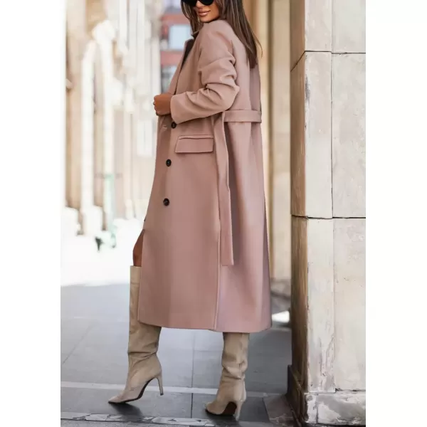 imagechouyatou Womens Winter Notch Lapel Wool Coat Double Breasted Business Casual Midi Long Woolen Trench CoatApricot Pink
