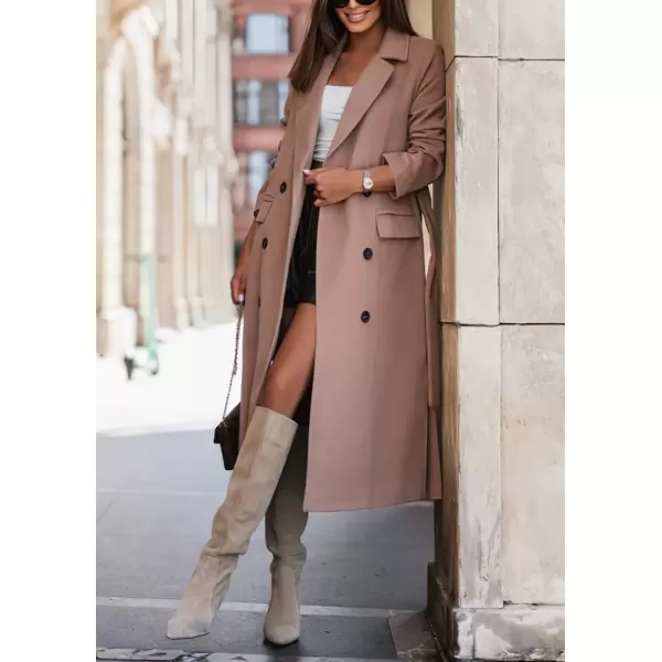 imagechouyatou Womens Winter Notch Lapel Wool Coat Double Breasted Business Casual Midi Long Woolen Trench CoatApricot Pink