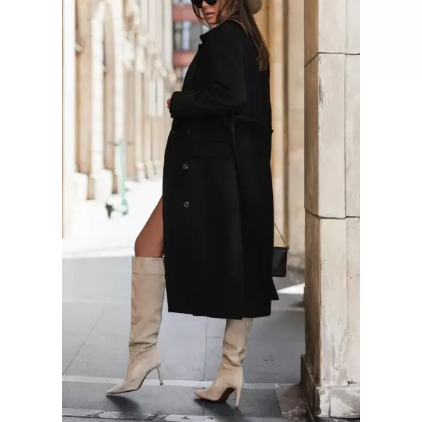 imagechouyatou Womens Winter Notch Lapel Wool Coat Double Breasted Business Casual Midi Long Woolen Trench CoatBlack