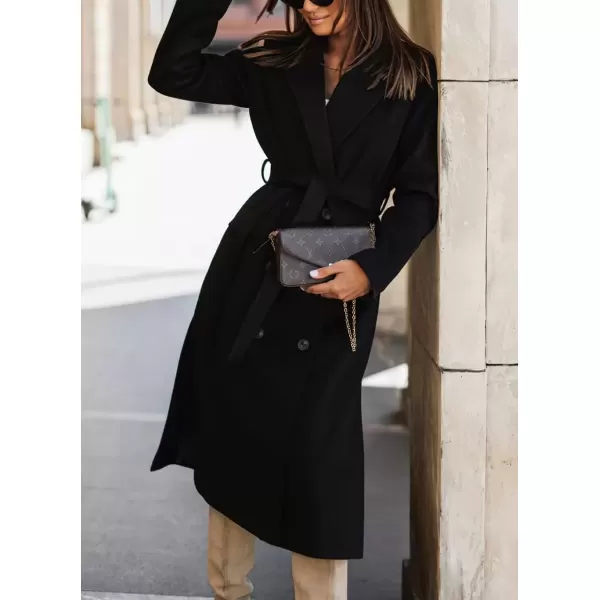 imagechouyatou Womens Winter Notch Lapel Wool Coat Double Breasted Business Casual Midi Long Woolen Trench CoatBlack