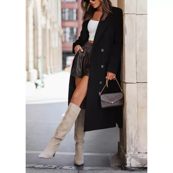 imagechouyatou Womens Winter Notch Lapel Wool Coat Double Breasted Business Casual Midi Long Woolen Trench CoatBlack