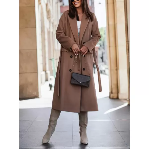 imagechouyatou Womens Winter Notch Lapel Wool Coat Double Breasted Business Casual Midi Long Woolen Trench CoatBrown