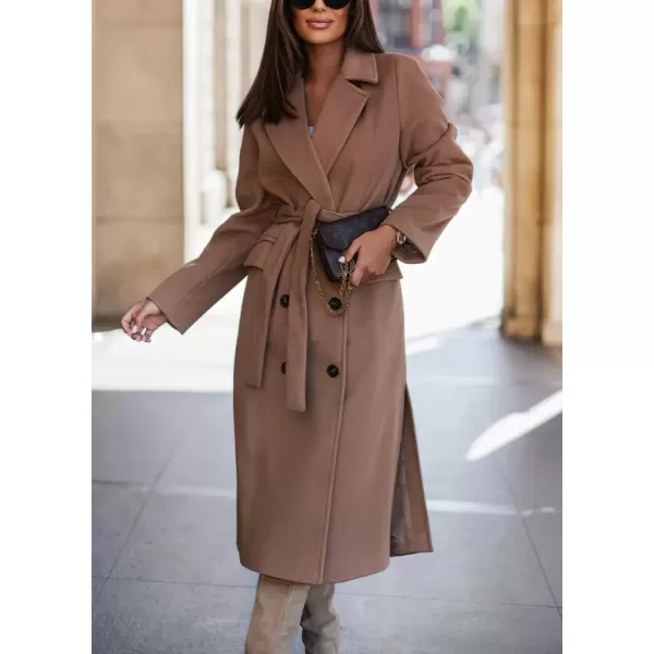 imagechouyatou Womens Winter Notch Lapel Wool Coat Double Breasted Business Casual Midi Long Woolen Trench CoatBrown