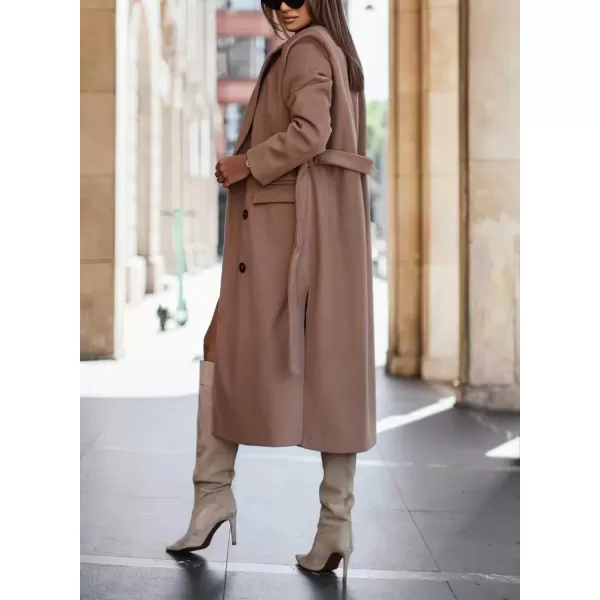 imagechouyatou Womens Winter Notch Lapel Wool Coat Double Breasted Business Casual Midi Long Woolen Trench CoatBrown