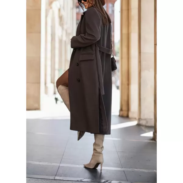imagechouyatou Womens Winter Notch Lapel Wool Coat Double Breasted Business Casual Midi Long Woolen Trench CoatDark Brown