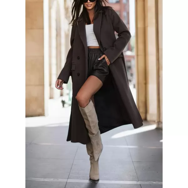imagechouyatou Womens Winter Notch Lapel Wool Coat Double Breasted Business Casual Midi Long Woolen Trench CoatDark Brown