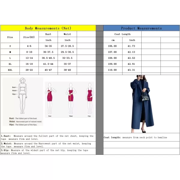 imagechouyatou Womens Winter Notch Lapel Wool Coat Double Breasted Office Work Midi Long Winter Trench Coat with PocketsBlack