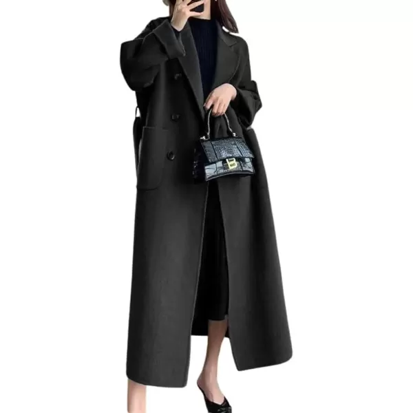 imagechouyatou Womens Winter Notch Lapel Wool Coat Double Breasted Office Work Midi Long Winter Trench Coat with PocketsBlack