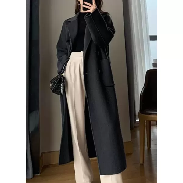 imagechouyatou Womens Winter Notch Lapel Wool Coat Double Breasted Office Work Midi Long Winter Trench Coat with PocketsBlack