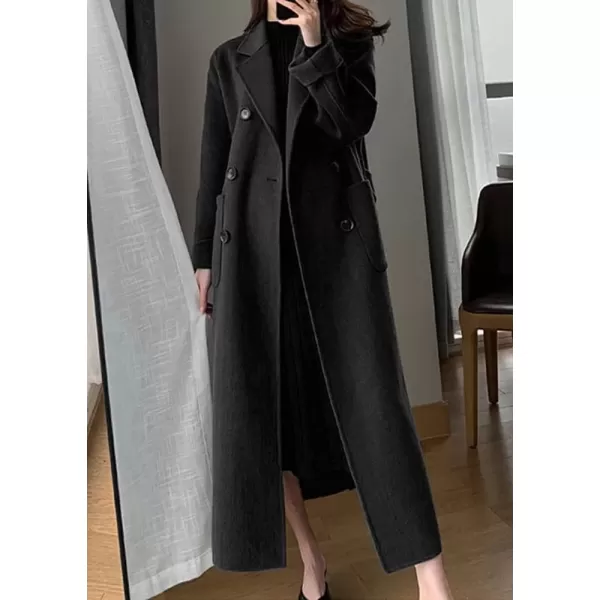 imagechouyatou Womens Winter Notch Lapel Wool Coat Double Breasted Office Work Midi Long Winter Trench Coat with PocketsBlack