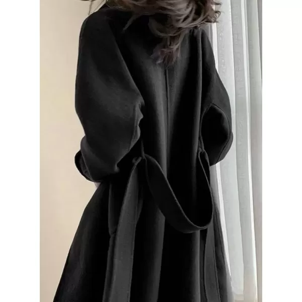 imagechouyatou Womens Winter Notch Lapel Wool Coat Double Breasted Office Work Midi Long Winter Trench Coat with PocketsBlack