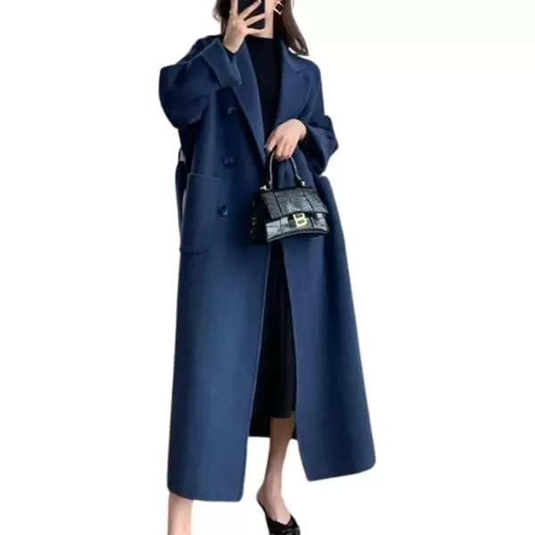 imagechouyatou Womens Winter Notch Lapel Wool Coat Double Breasted Office Work Midi Long Winter Trench Coat with PocketsNavy Blue