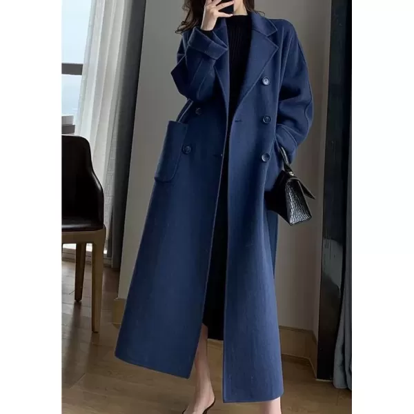 imagechouyatou Womens Winter Notch Lapel Wool Coat Double Breasted Office Work Midi Long Winter Trench Coat with PocketsNavy Blue
