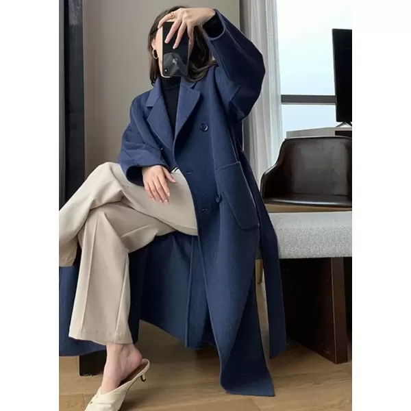 imagechouyatou Womens Winter Notch Lapel Wool Coat Double Breasted Office Work Midi Long Winter Trench Coat with PocketsNavy Blue