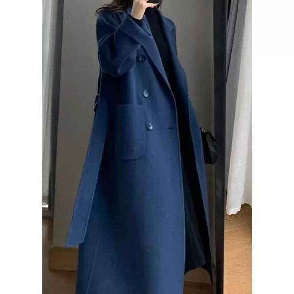 imagechouyatou Womens Winter Notch Lapel Wool Coat Double Breasted Office Work Midi Long Winter Trench Coat with PocketsNavy Blue