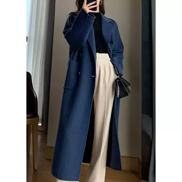 imagechouyatou Womens Winter Notch Lapel Wool Coat Double Breasted Office Work Midi Long Winter Trench Coat with PocketsNavy Blue