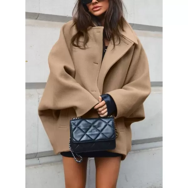 imagechouyatou Womens Winter Sing Breasted Wool Jacket Batwing Sleeve Business Casual Wool Pea CoatBrown