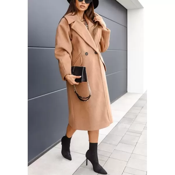 imagechouyatou Womens Winter Warm Notch Lapel Double Breasted Long Pea Coat OvercoatsKhaki