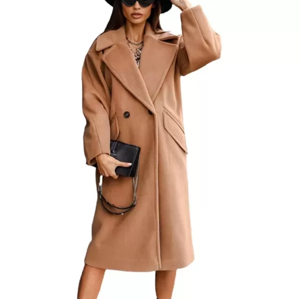 imagechouyatou Womens Winter Warm Notch Lapel Double Breasted Long Pea Coat OvercoatsKhaki
