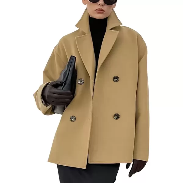 imagechouyatou Womens Winter Wool Blend Double Breasted Overcoat Notched Lapel Wool Pea Coat with PocketsKhaki