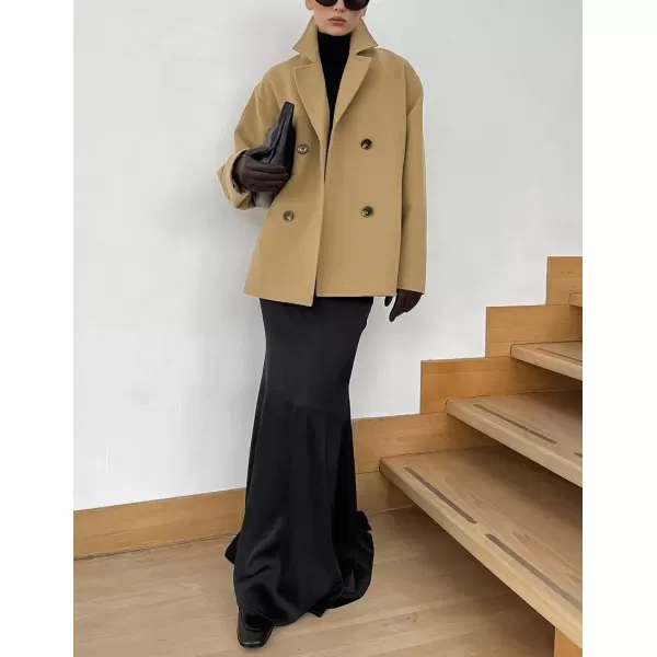 imagechouyatou Womens Winter Wool Blend Double Breasted Overcoat Notched Lapel Wool Pea Coat with PocketsKhaki