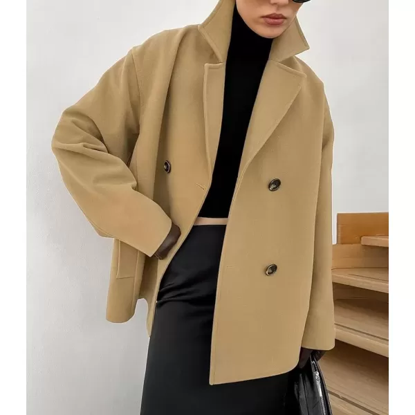 imagechouyatou Womens Winter Wool Blend Double Breasted Overcoat Notched Lapel Wool Pea Coat with PocketsKhaki