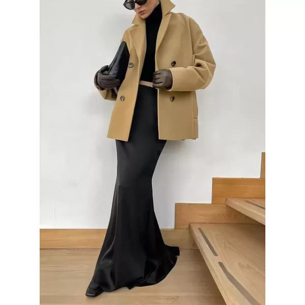 imagechouyatou Womens Winter Wool Blend Double Breasted Overcoat Notched Lapel Wool Pea Coat with PocketsKhaki