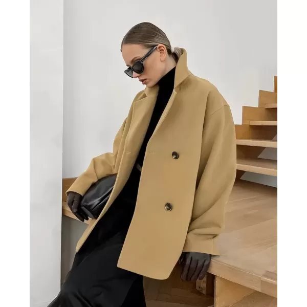 imagechouyatou Womens Winter Wool Blend Double Breasted Overcoat Notched Lapel Wool Pea Coat with PocketsKhaki