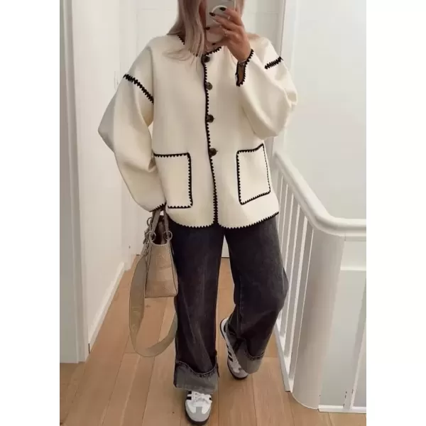 imagechouyatou Womens Cute Embroidered Wool Jacket Button Down Casual Fall Winter Wool CoatBeige