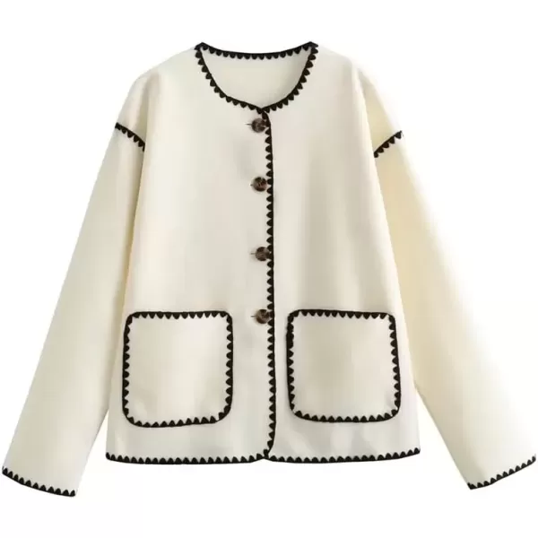 imagechouyatou Womens Cute Embroidered Wool Jacket Button Down Casual Fall Winter Wool CoatBeige
