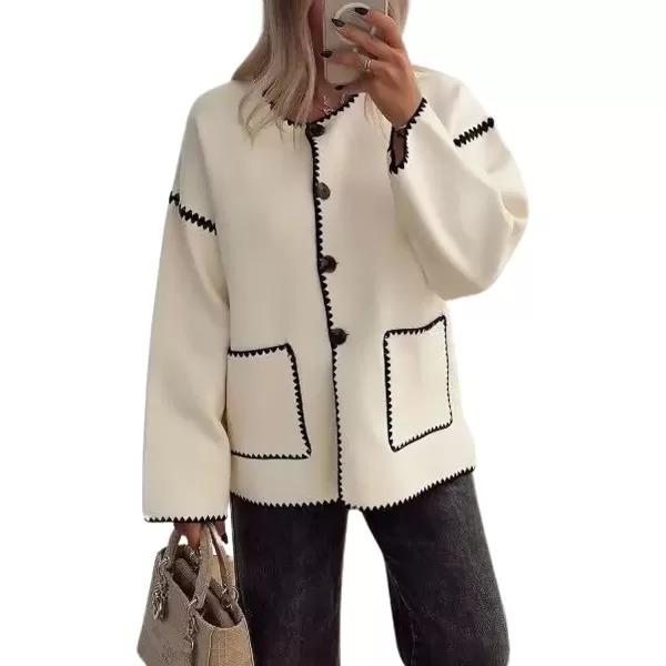imagechouyatou Womens Cute Embroidered Wool Jacket Button Down Casual Fall Winter Wool CoatBeige