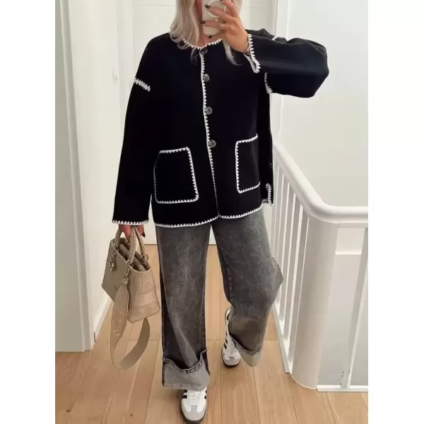 imagechouyatou Womens Cute Embroidered Wool Jacket Button Down Casual Fall Winter Wool CoatBlack