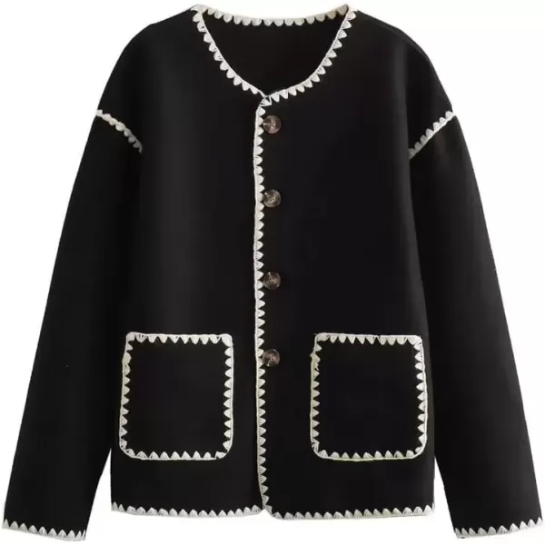 imagechouyatou Womens Cute Embroidered Wool Jacket Button Down Casual Fall Winter Wool CoatBlack